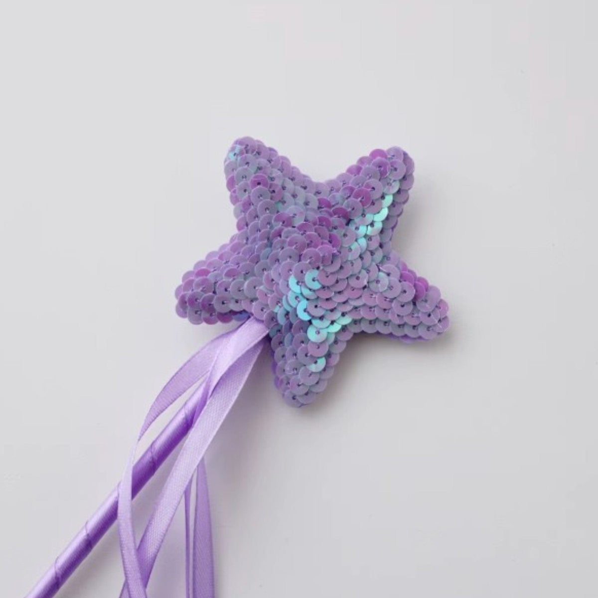 Purple sequin star fairy wand with lavender ribbons
