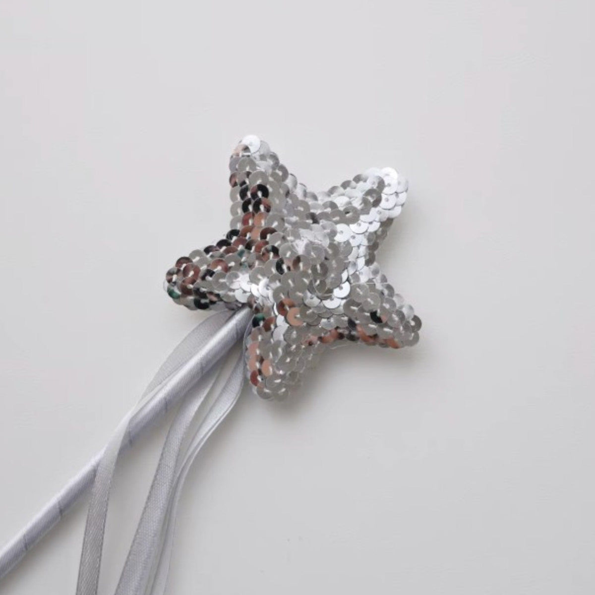 Silver sequin star fairy wand with silver ribbons