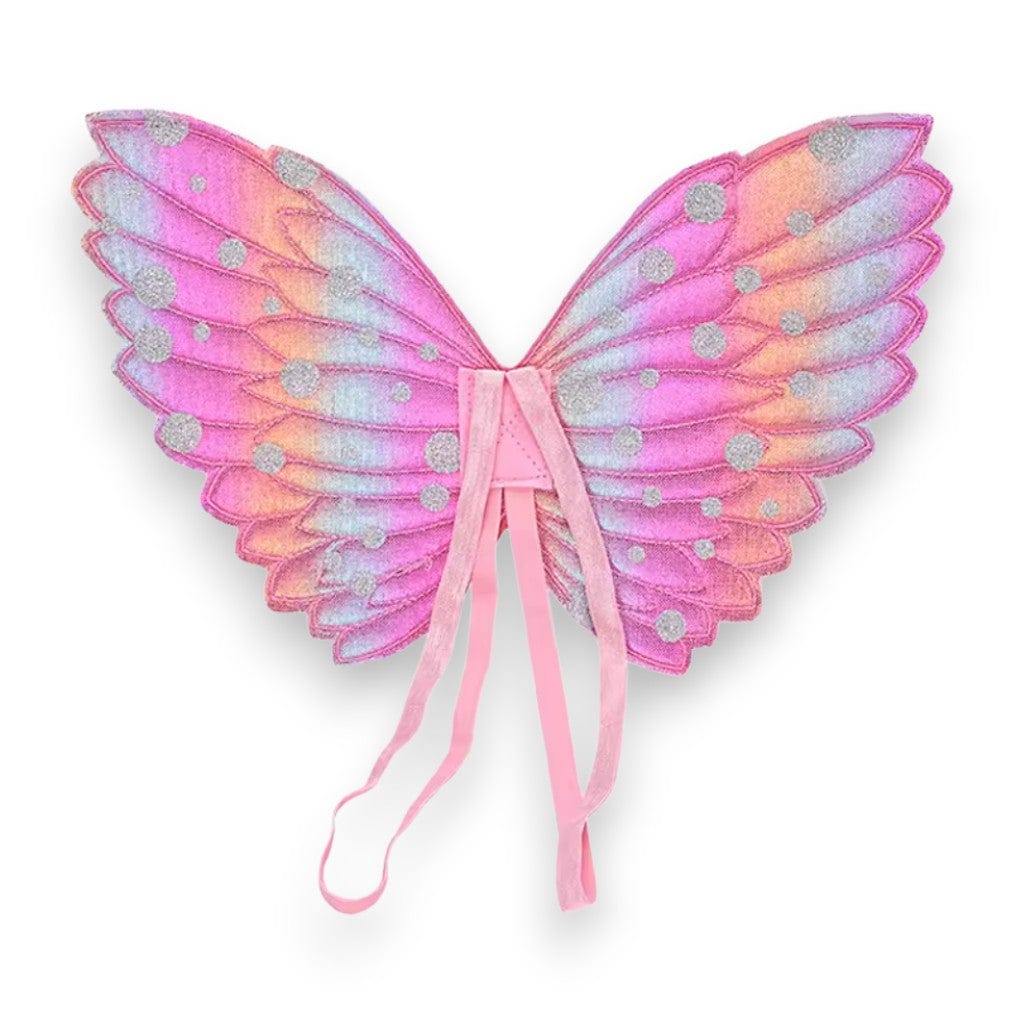 Pink fairy wings, back view showing the ribbon straps