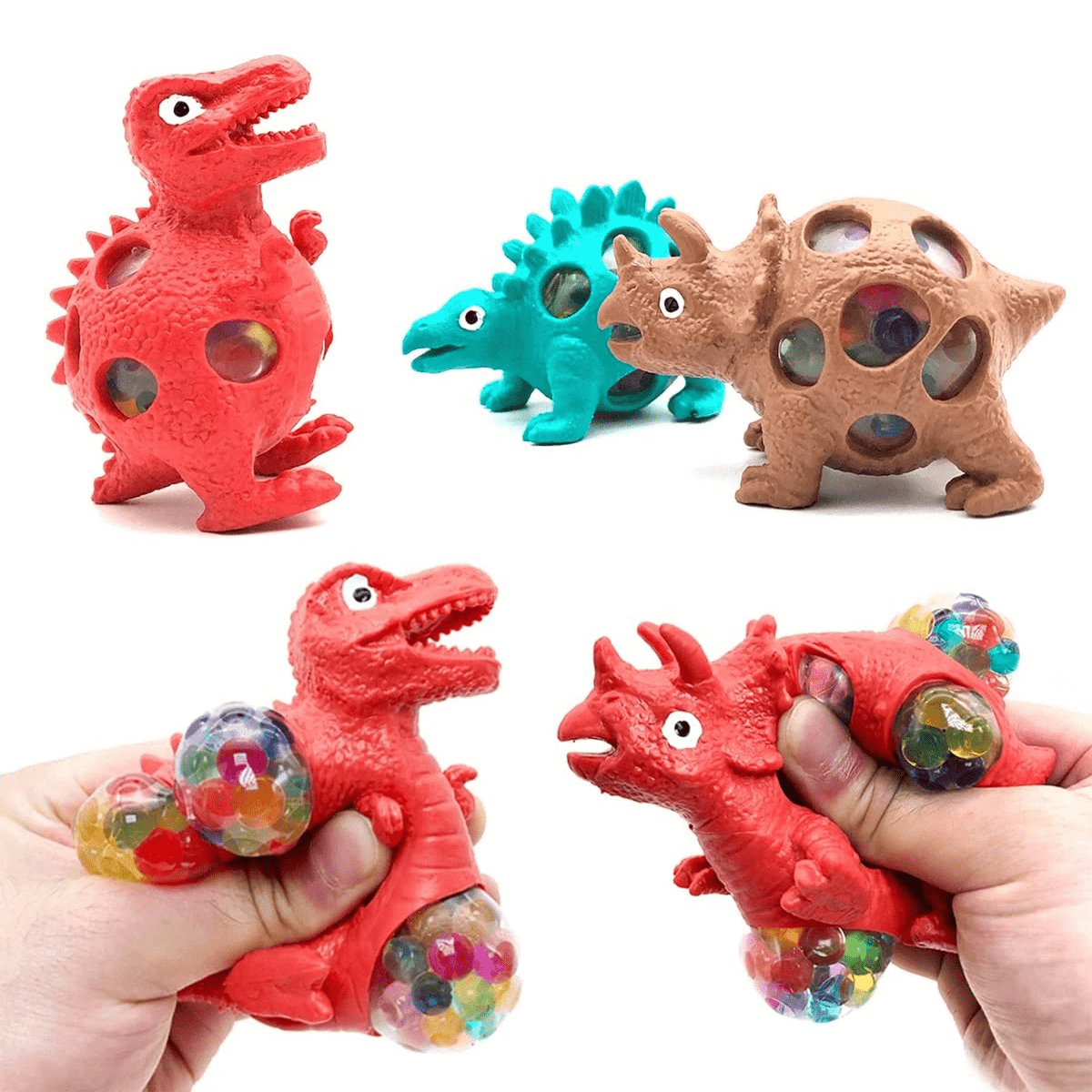 Squeezy dinosaur toys in red, teal and brown, with beads bulging when squeezed