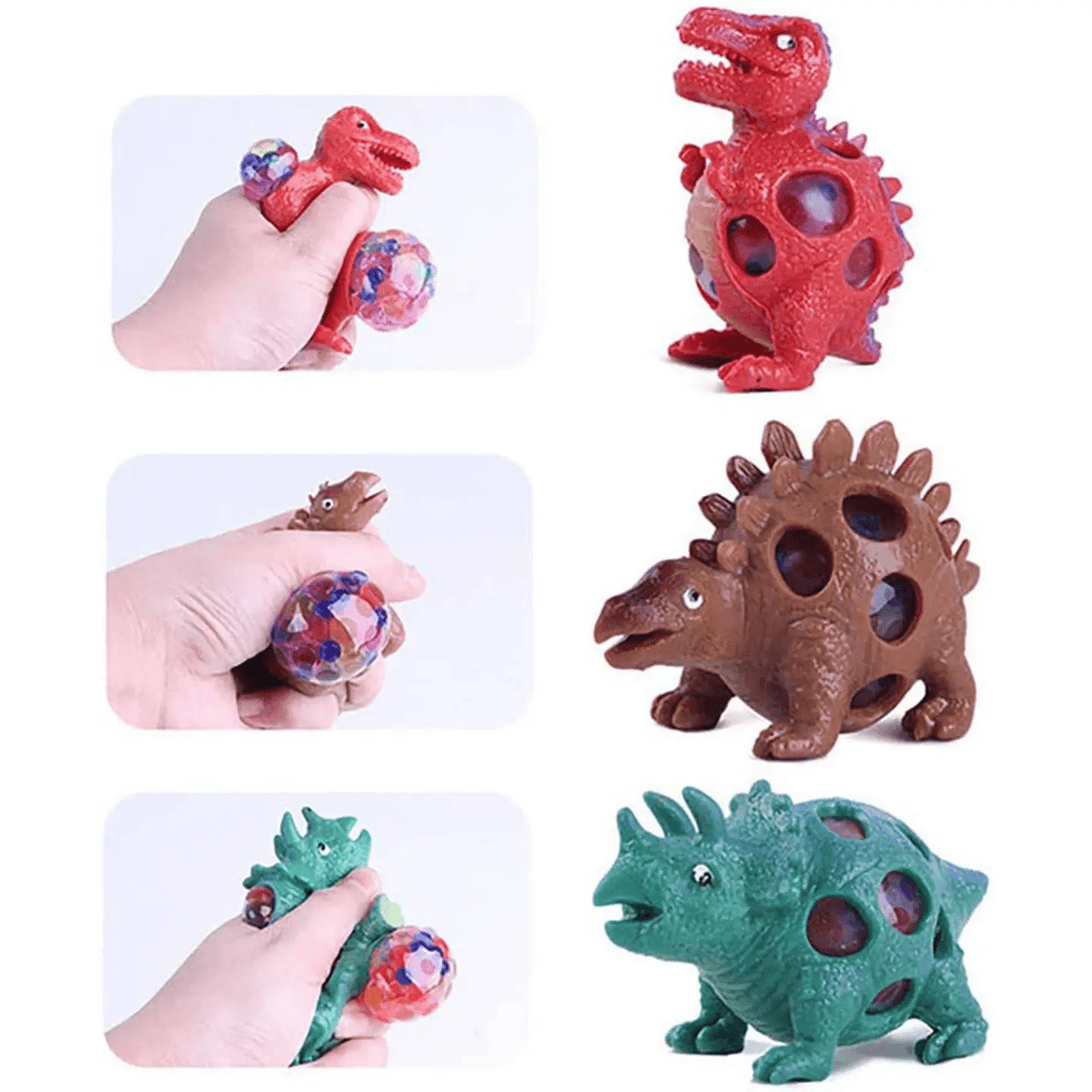 Squeezy T. rex, stegosaurus and triceratops, shown being squeezed