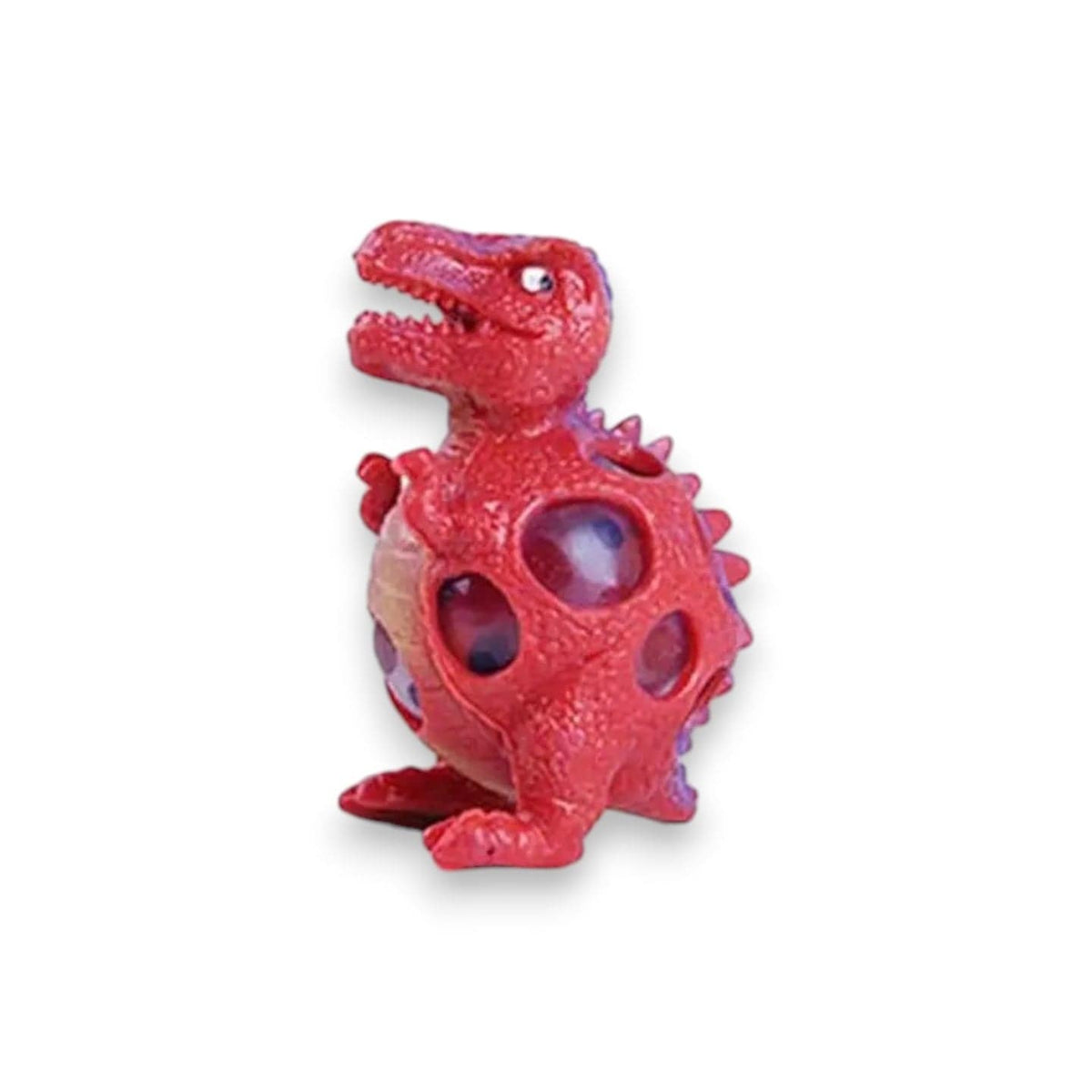 Red squeezy T. rex filled with colorful beads