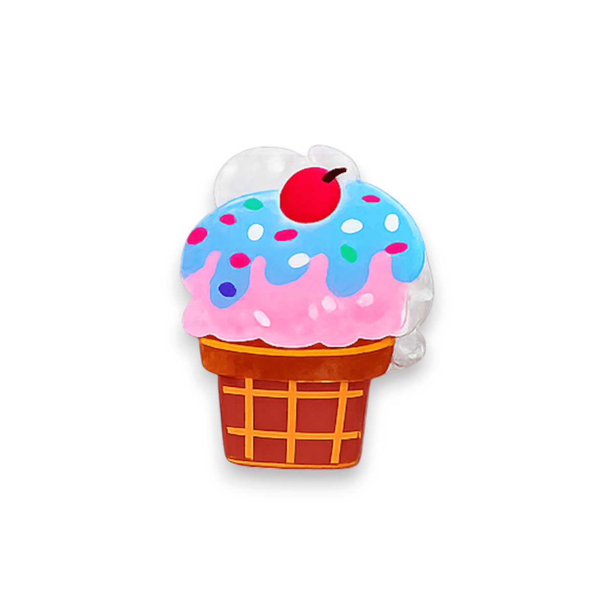 Ice cream cone claw clip with pink and blue frosting and a cherry