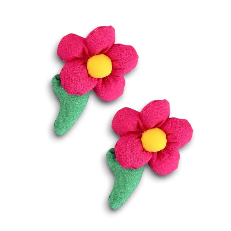 Two plush pink flower hair clips with green stems
