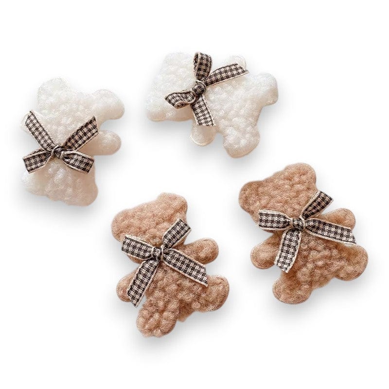 Fluffy white and brown teddy bear hair clips with gingham bows