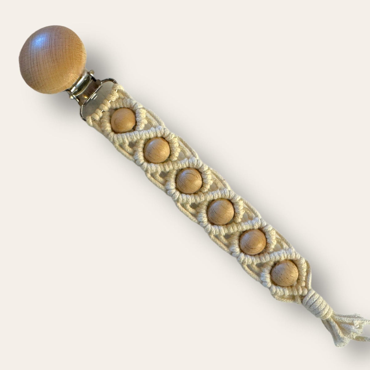 Cream macrame pacifier clip with wooden beads