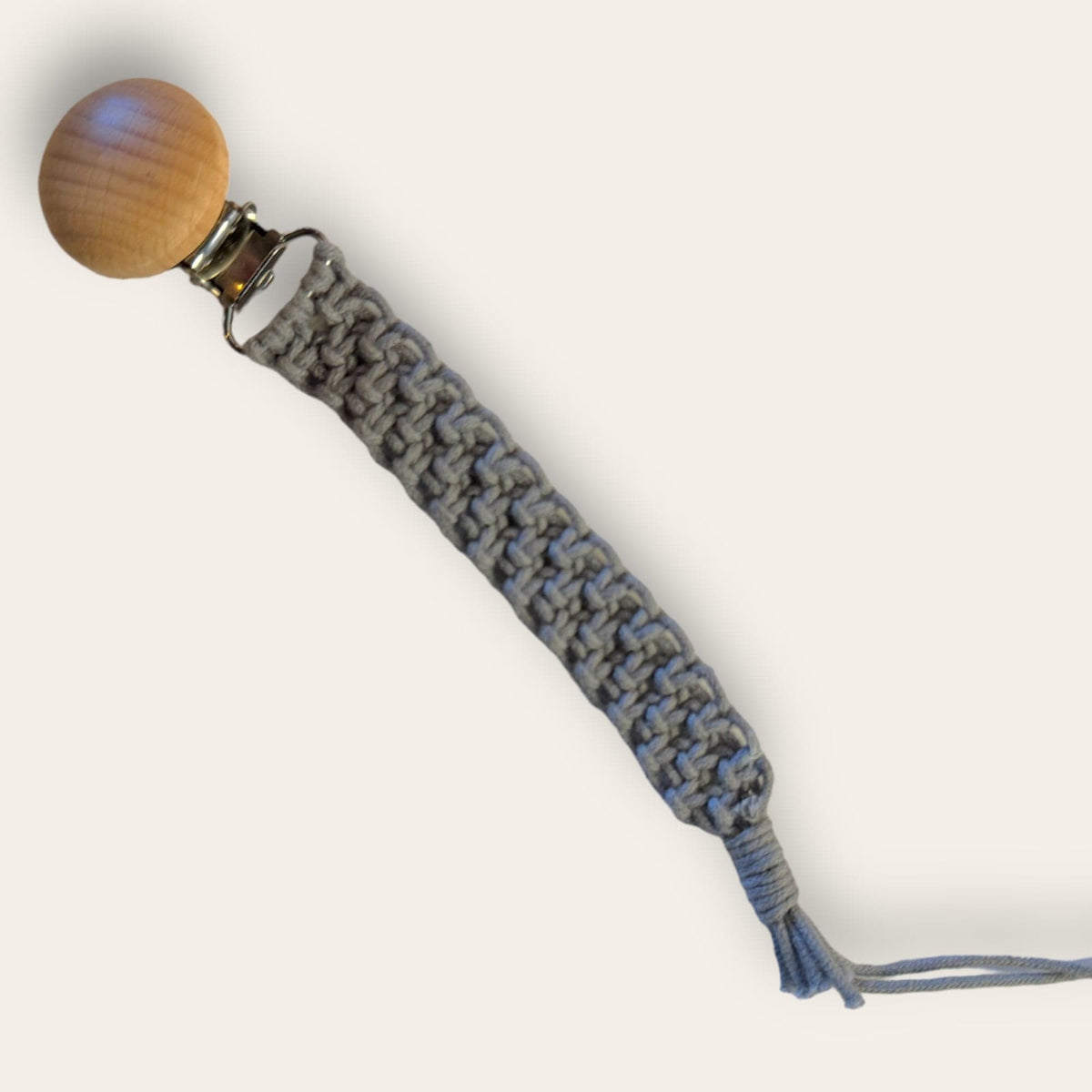 Gray square-knot macrame pacifier clip