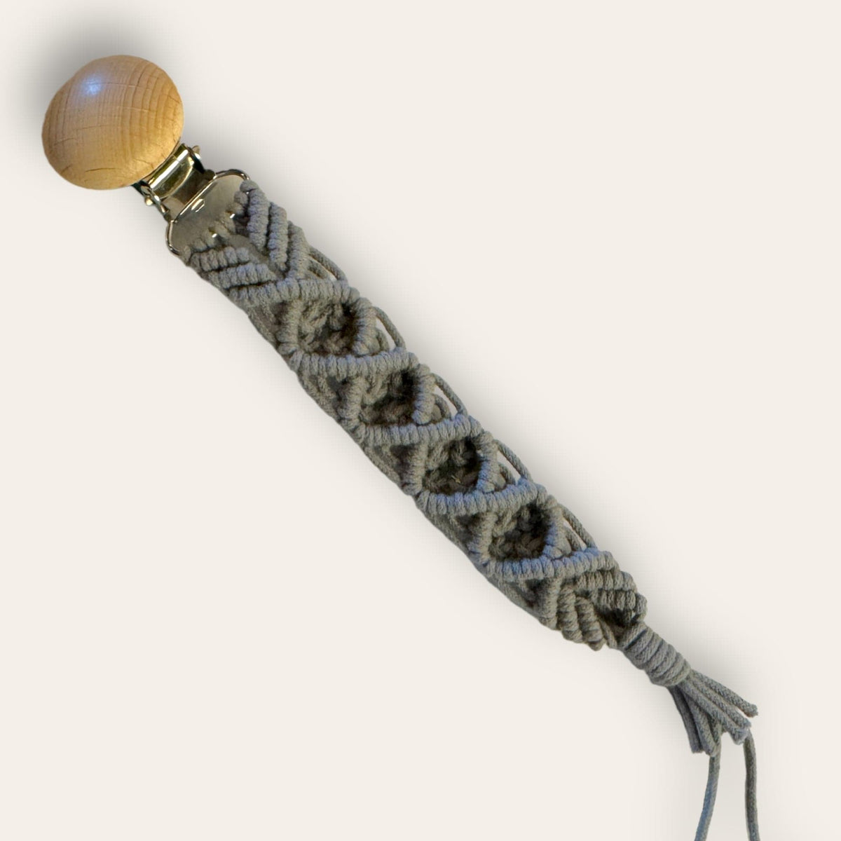 Gray diamond-pattern macrame pacifier clip