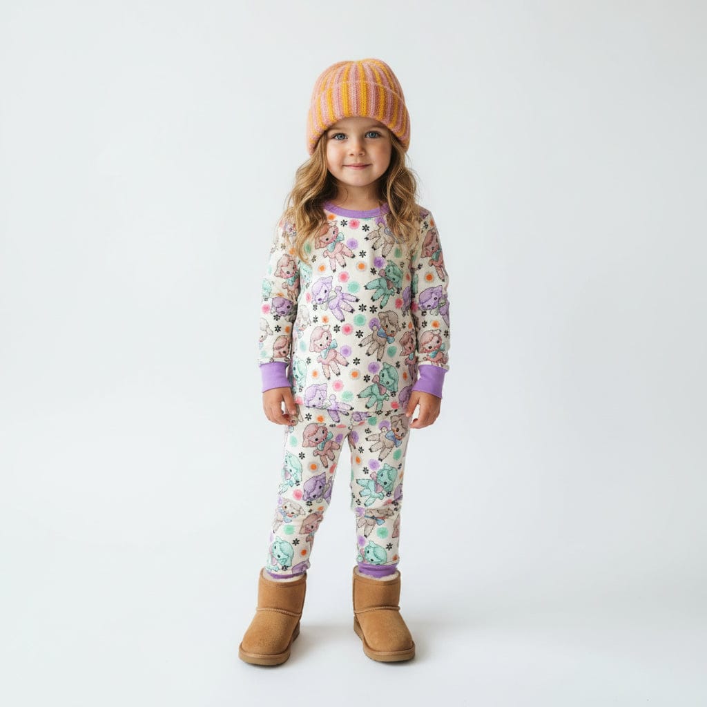 Kid in an orange beanie and boots wearing the Bow Peep PJ Set