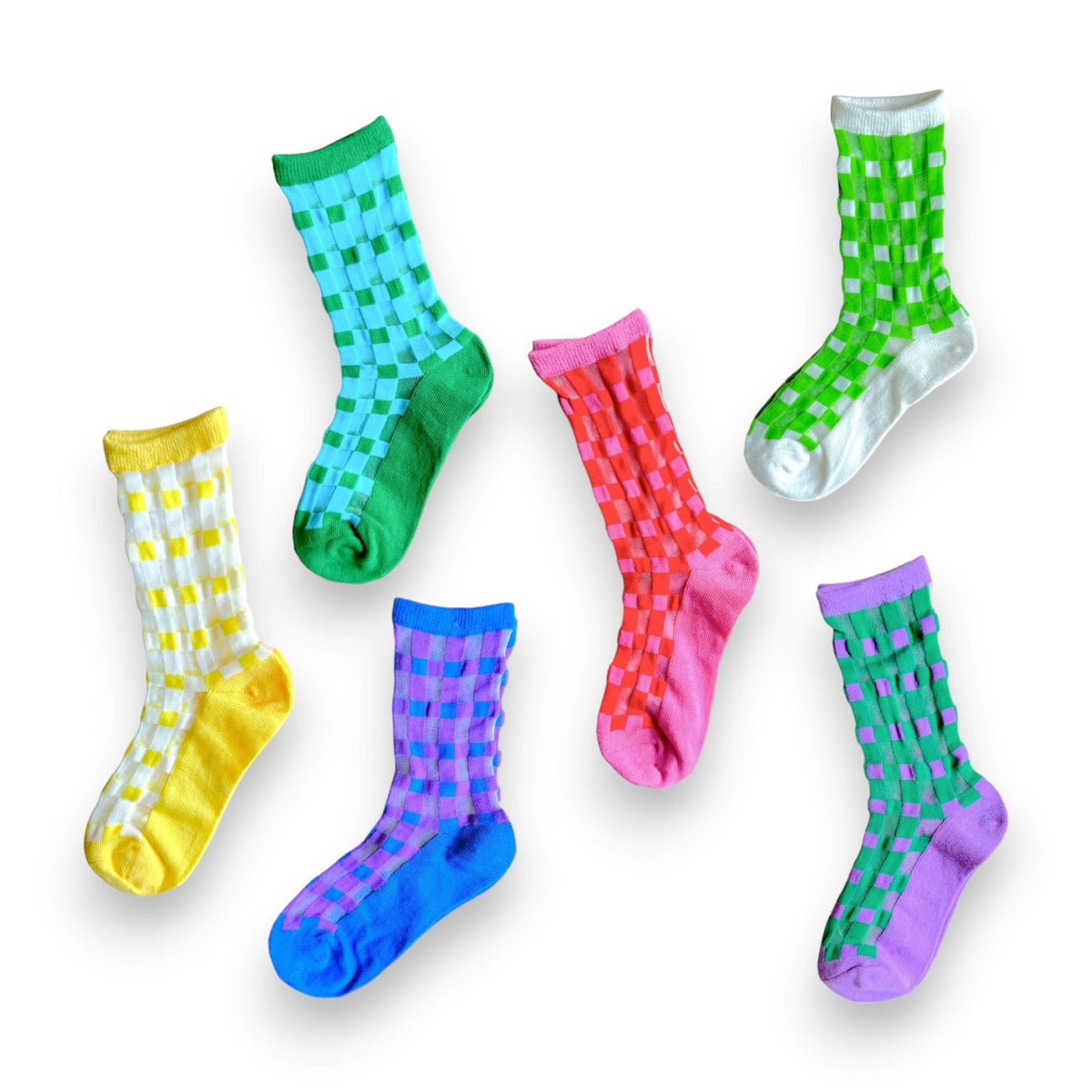 Checked Out Socks in all six colors laid out together