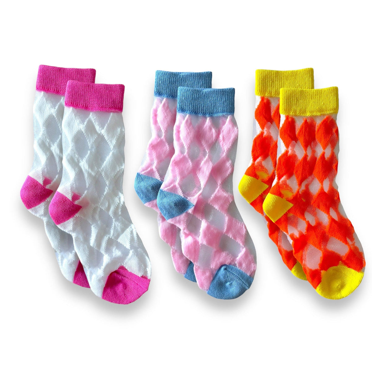 Happy Harlequin Sock Set, color combo 1: pink, blue and orange-and-yellow pairs