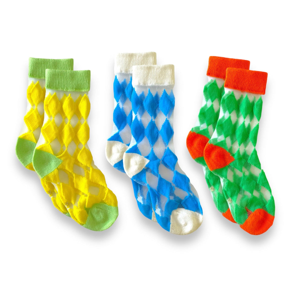 Happy Harlequin Sock Set, color combo 2: yellow-and-green, blue and red-and-green pairs
