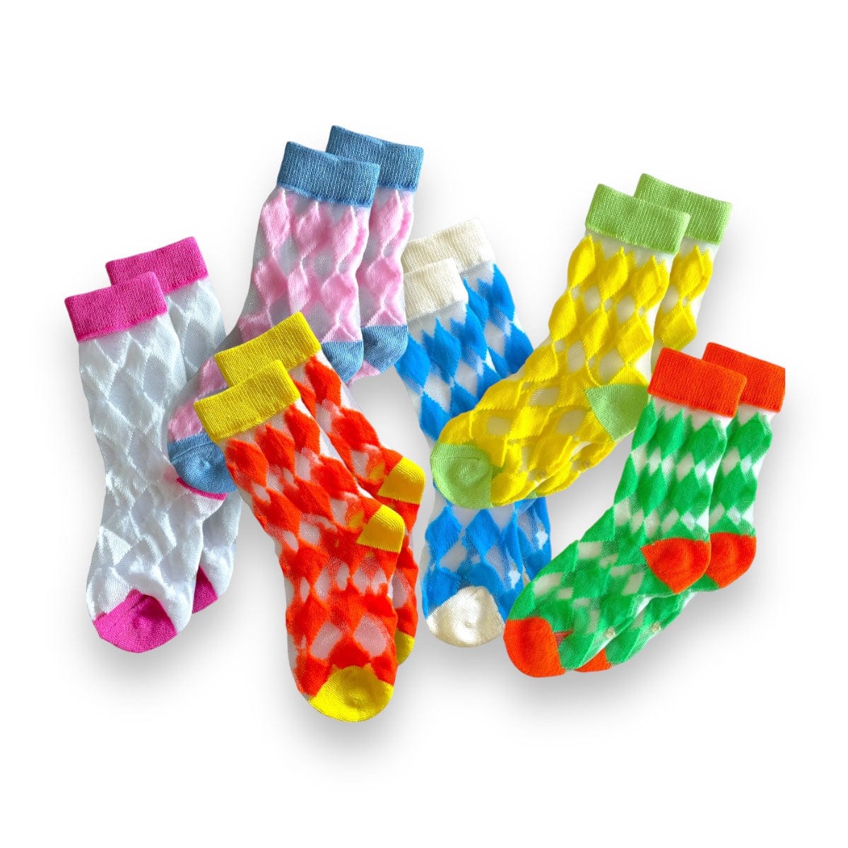 Happy Harlequin sheer socks with diamond patterns in pink, yellow, green, blue and orange