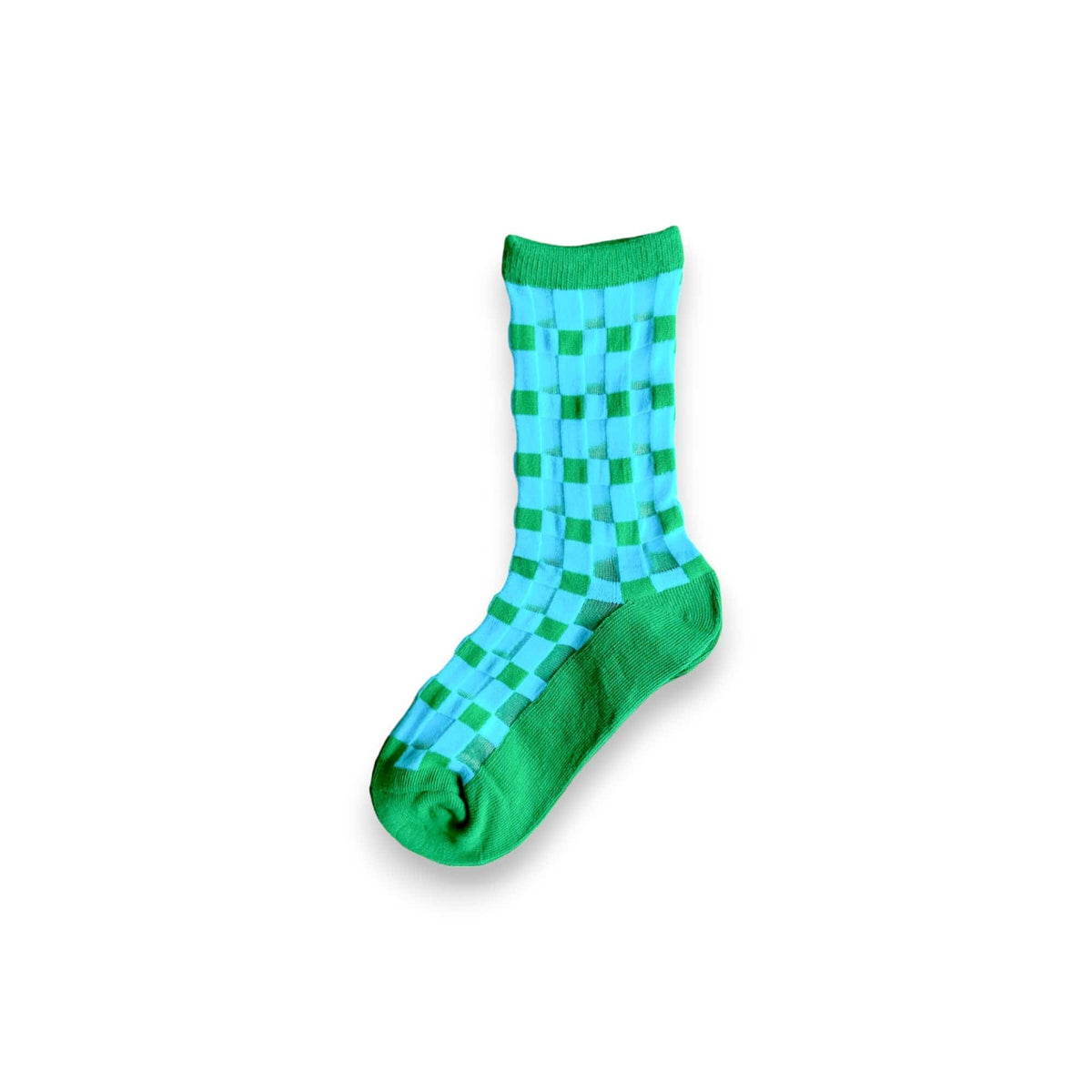 Checked Out Socks in clover green with a teal sheer check