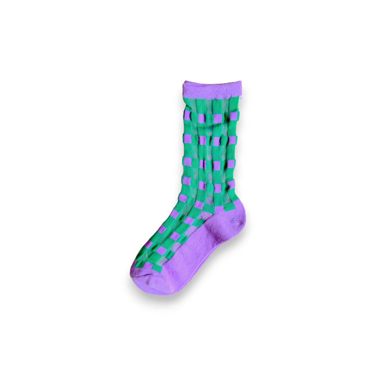 Checked Out Socks in purple with a green sheer check