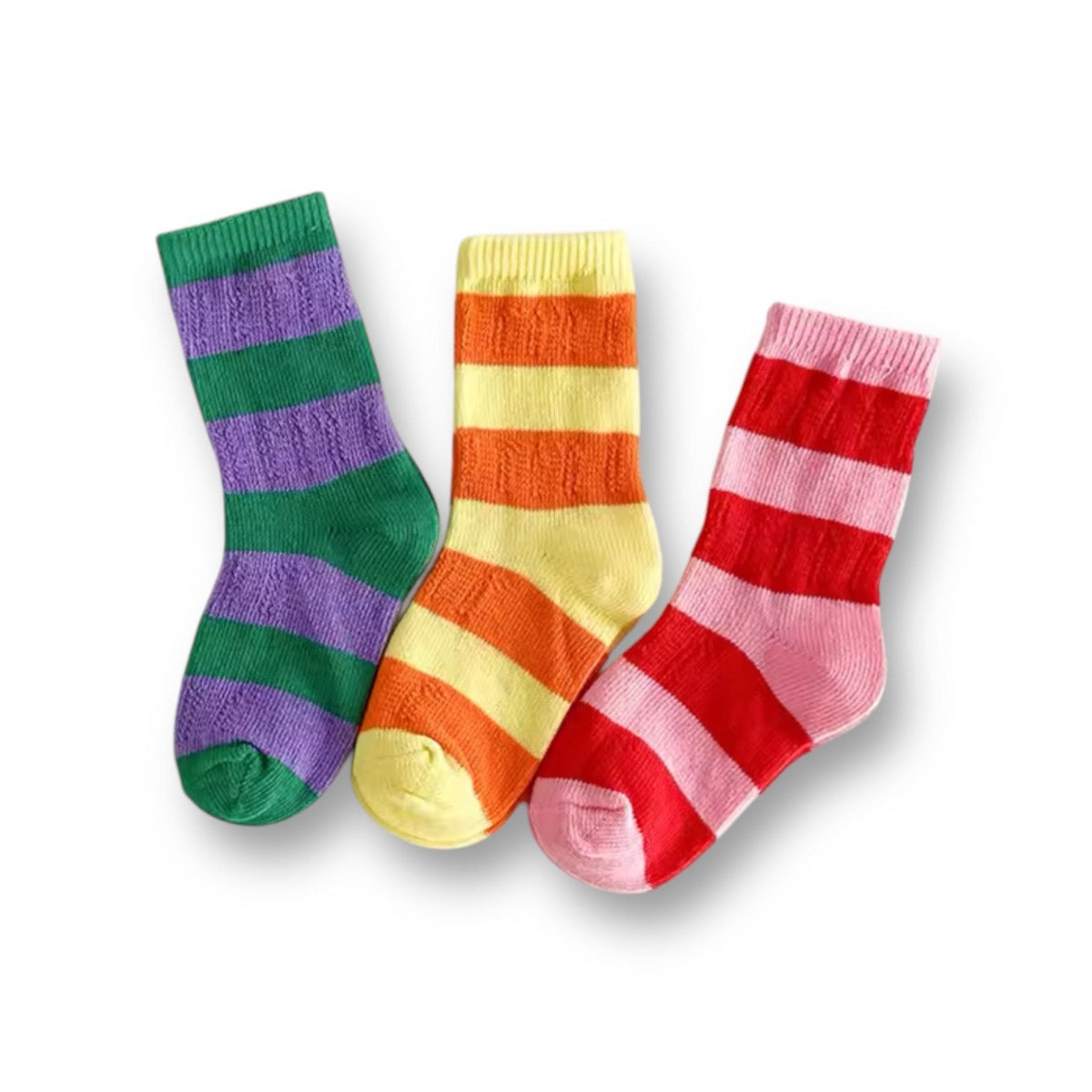 Happy Stripe Sock Set: purple-and-green, orange-and-yellow and pink-and-red striped socks