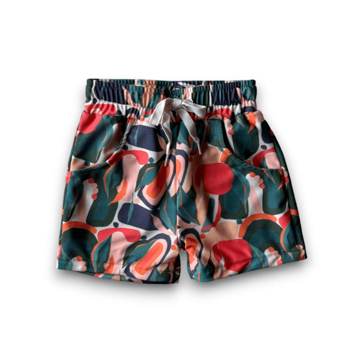 Mad Men Swim Trunk, pink, red and green retro shapes on dark green, front view