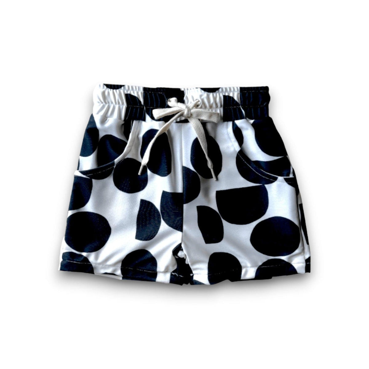 Pop Rocks Swim Trunk, black-and-white half-circle print, front view with drawstring