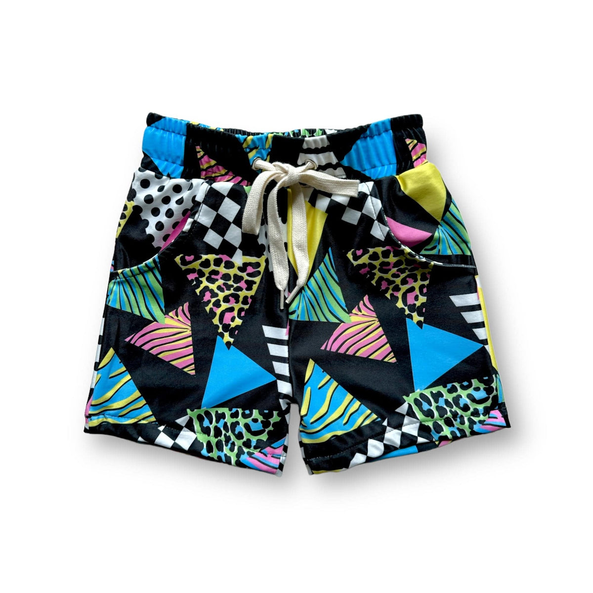 Totally Rad Swim Trunk, bright triangles, checkers and squiggles on black, front view