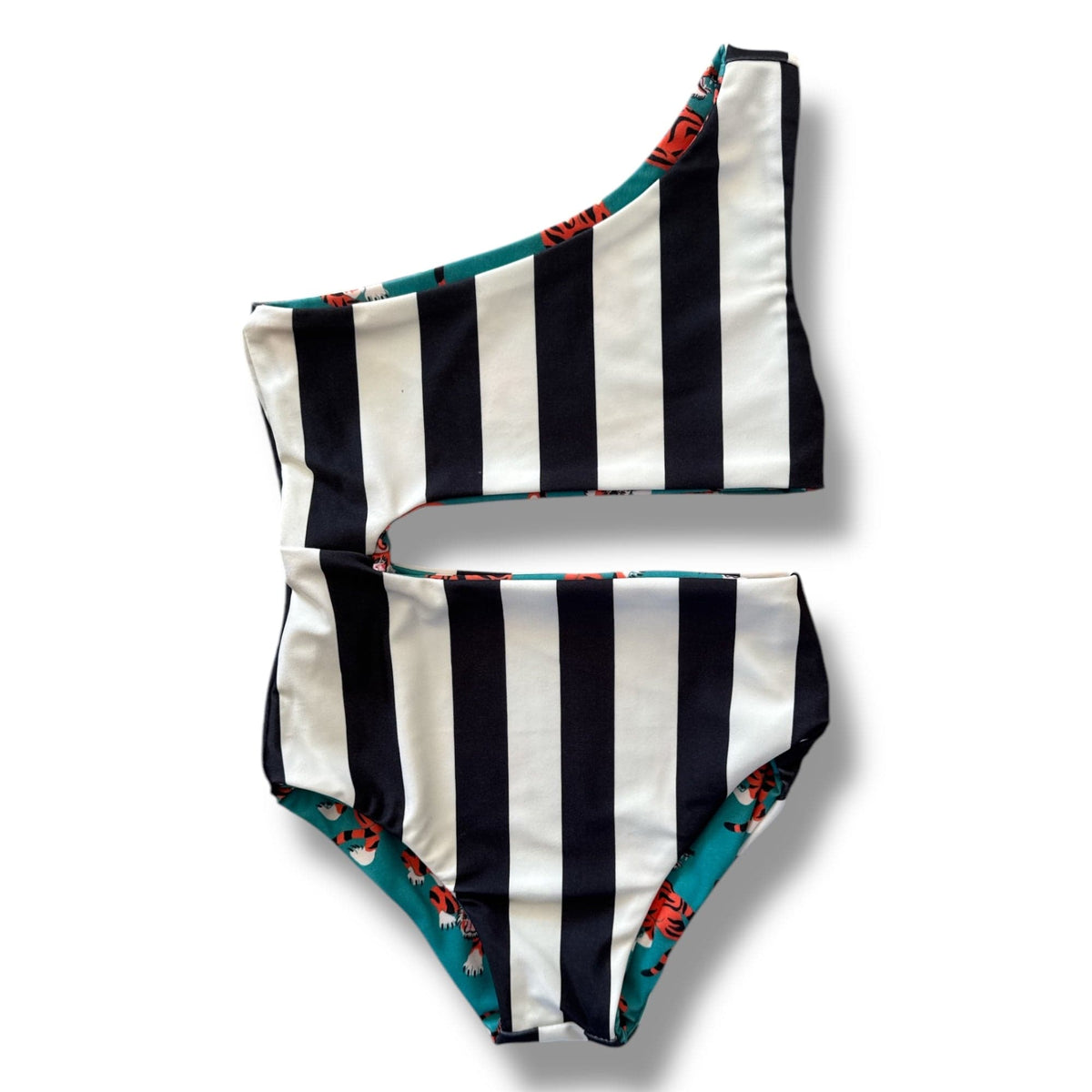 Easy Tiger Reversible Swimsuit, black-and-cream striped side
