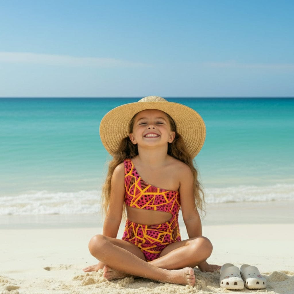 Kid in a straw hat sitting on a beach in the Flipside Reversible Swimsuit