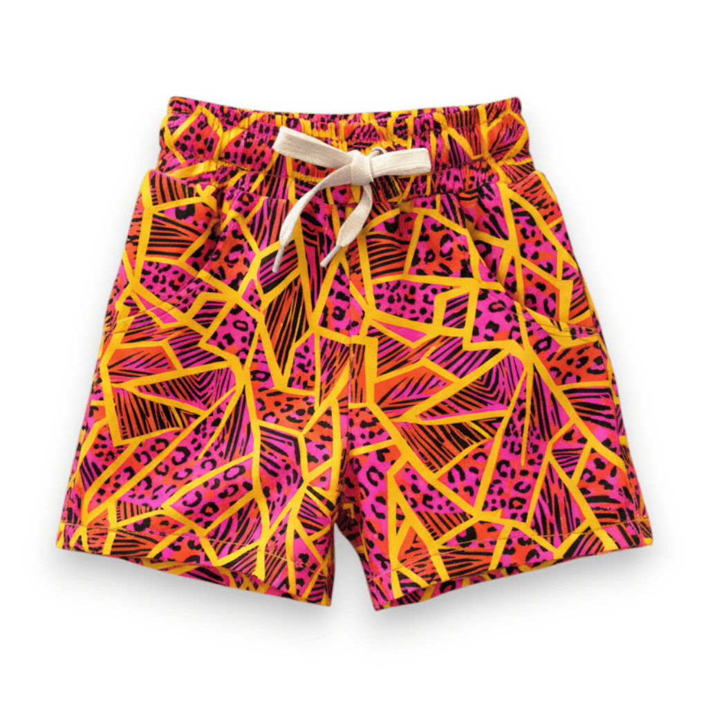 Neon Jungle Swim Trunk, magenta and orange geometric print, front view with drawstring
