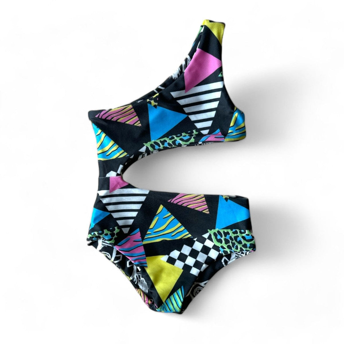 One Shoulder Reversible Swimsuit, Totally Rad side: bright triangles and checkers on black