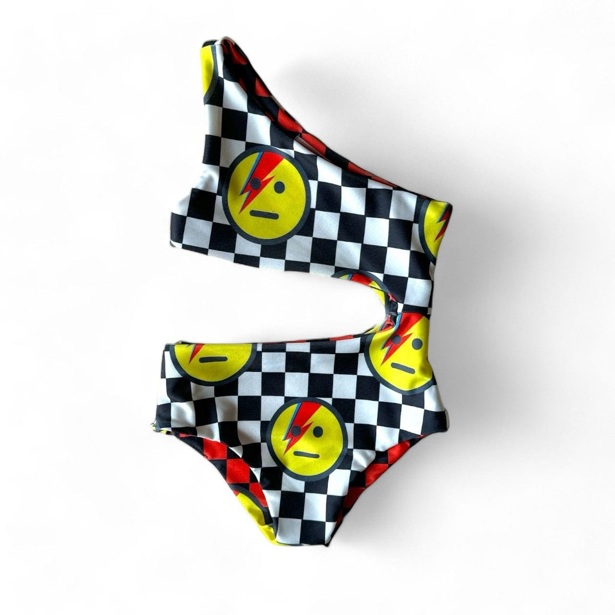 One Shoulder Reversible Swimsuit, Star Man print: black-and-white checks with lightning-bolt smiley faces