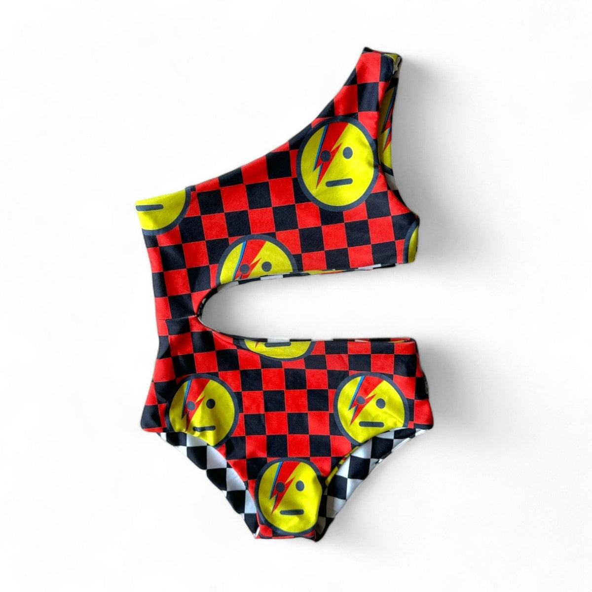 Star Man reversible swimsuit, red-and-black checked side