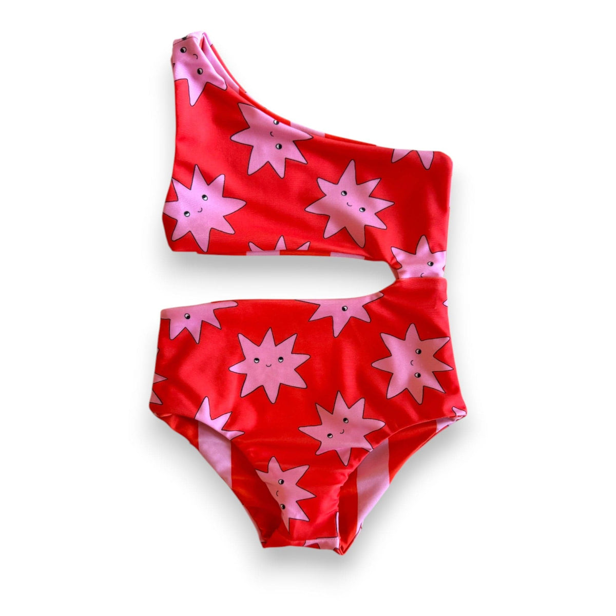 Superstar Reversible Swimsuit, star side: pink stars on red, laid flat