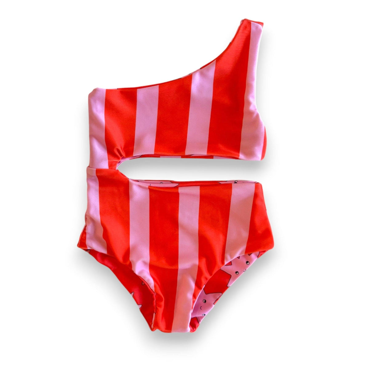Superstar Reversible Swimsuit, striped side: red and pink stripes