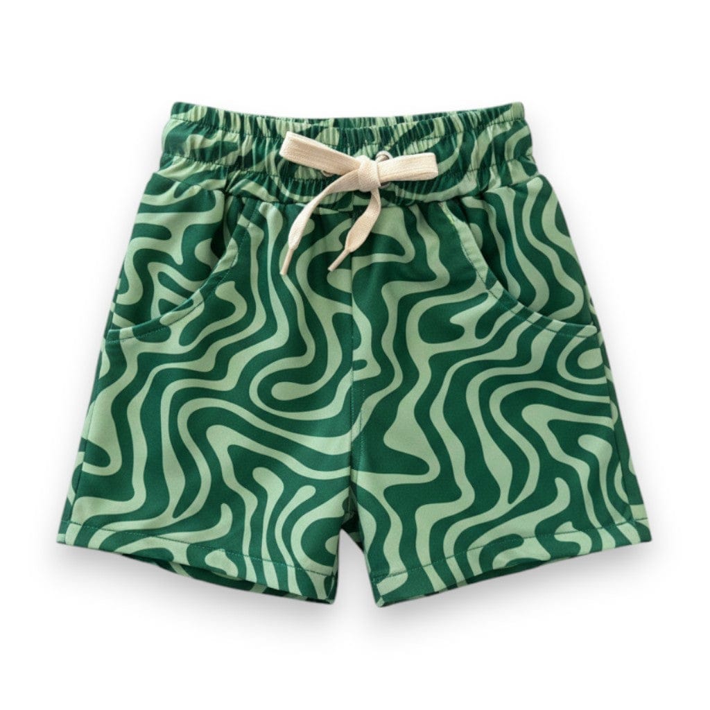 Trippy Tide Swim Trunk, green swirl print, front view with drawstring
