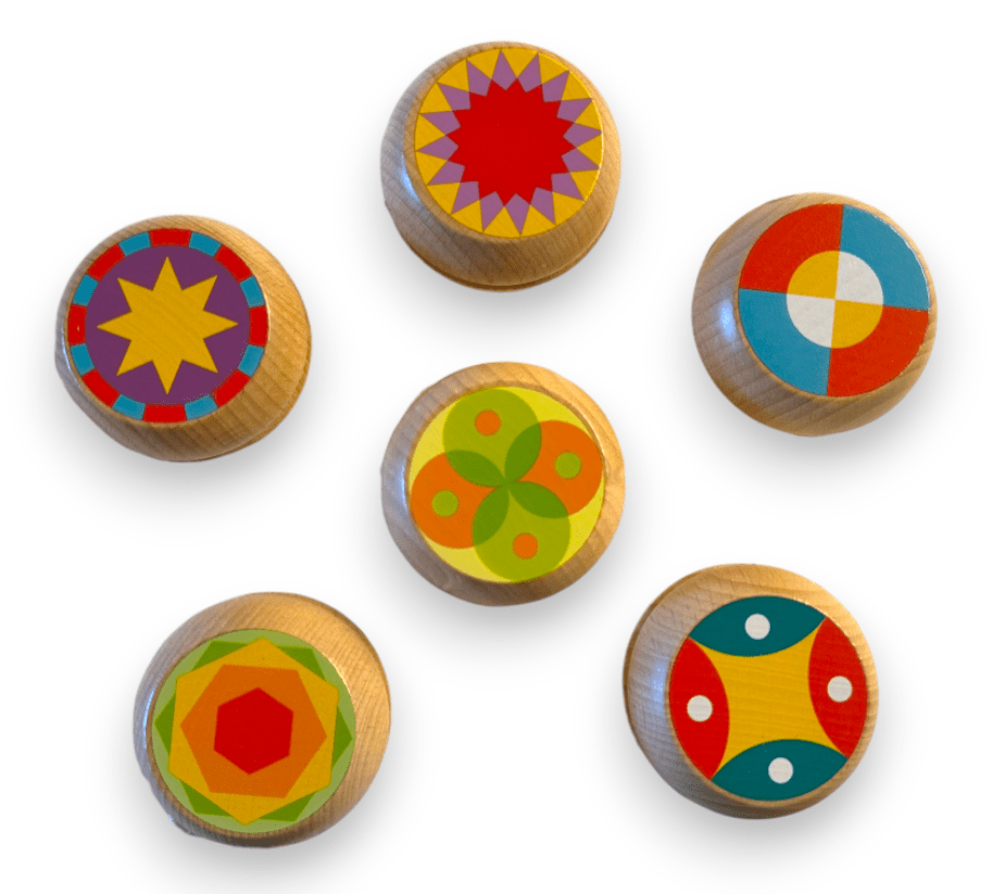 Six beechwood yo-yos with colorful kaleidoscope patterns