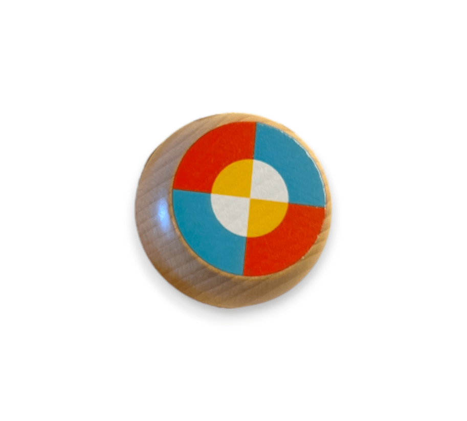 Wooden yo-yo with red, blue, yellow and white quarters