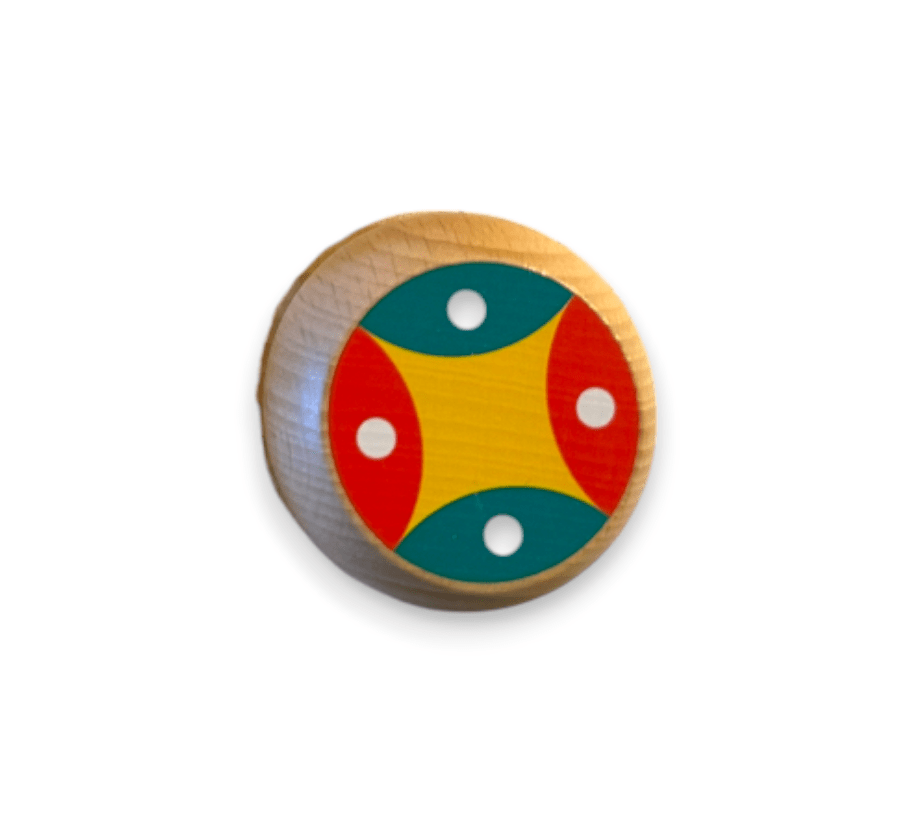 Wooden yo-yo with a red and teal pattern