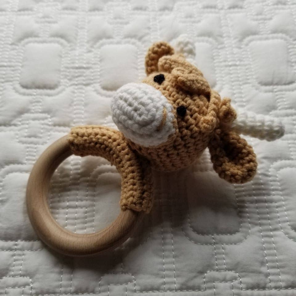 D & C TOYS Khaki Highland Cow Hand Crochet Rattle buy online boutique kids clothing