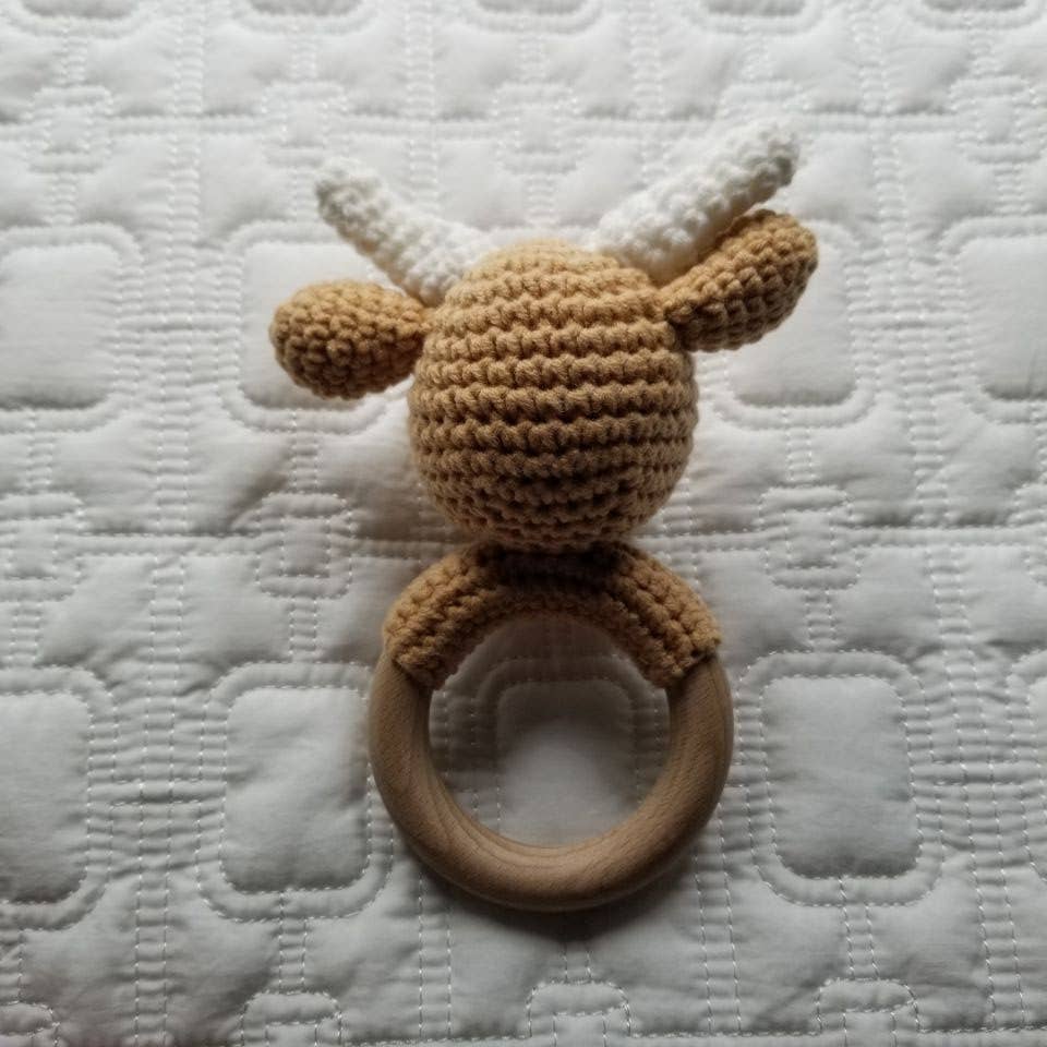 D & C TOYS Khaki Highland Cow Hand Crochet Rattle buy online boutique kids clothing