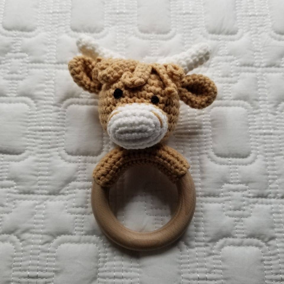 D & C TOYS Khaki Highland Cow Hand Crochet Rattle buy online boutique kids clothing