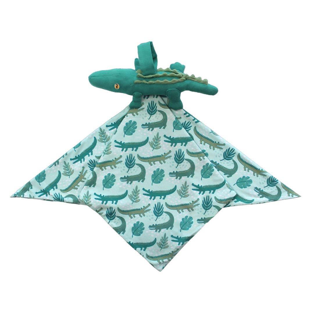 Alligator lovey with a green alligator print bamboo blanket
