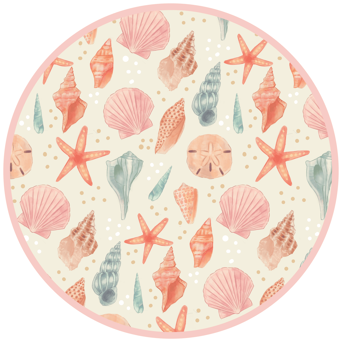 Close-up of the Sandy Seashells print with shells and starfish