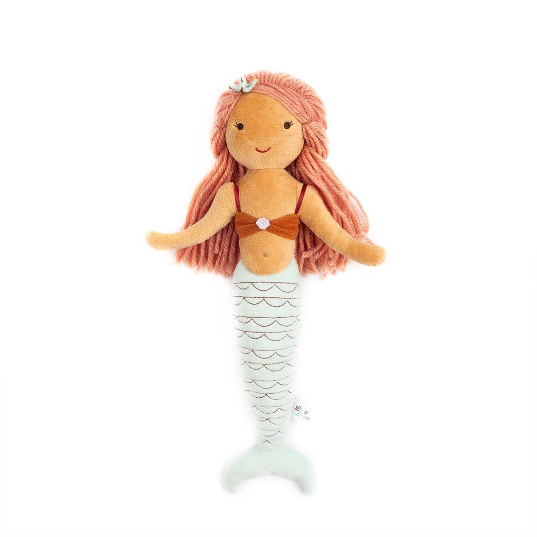 Cordelia the Mermaid plush doll with pink yarn hair and a white tail