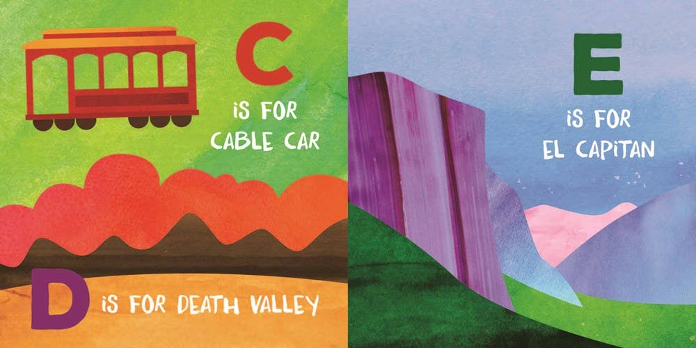 Inside pages: C is for cable car, D is for Death Valley, E is for El Capitan