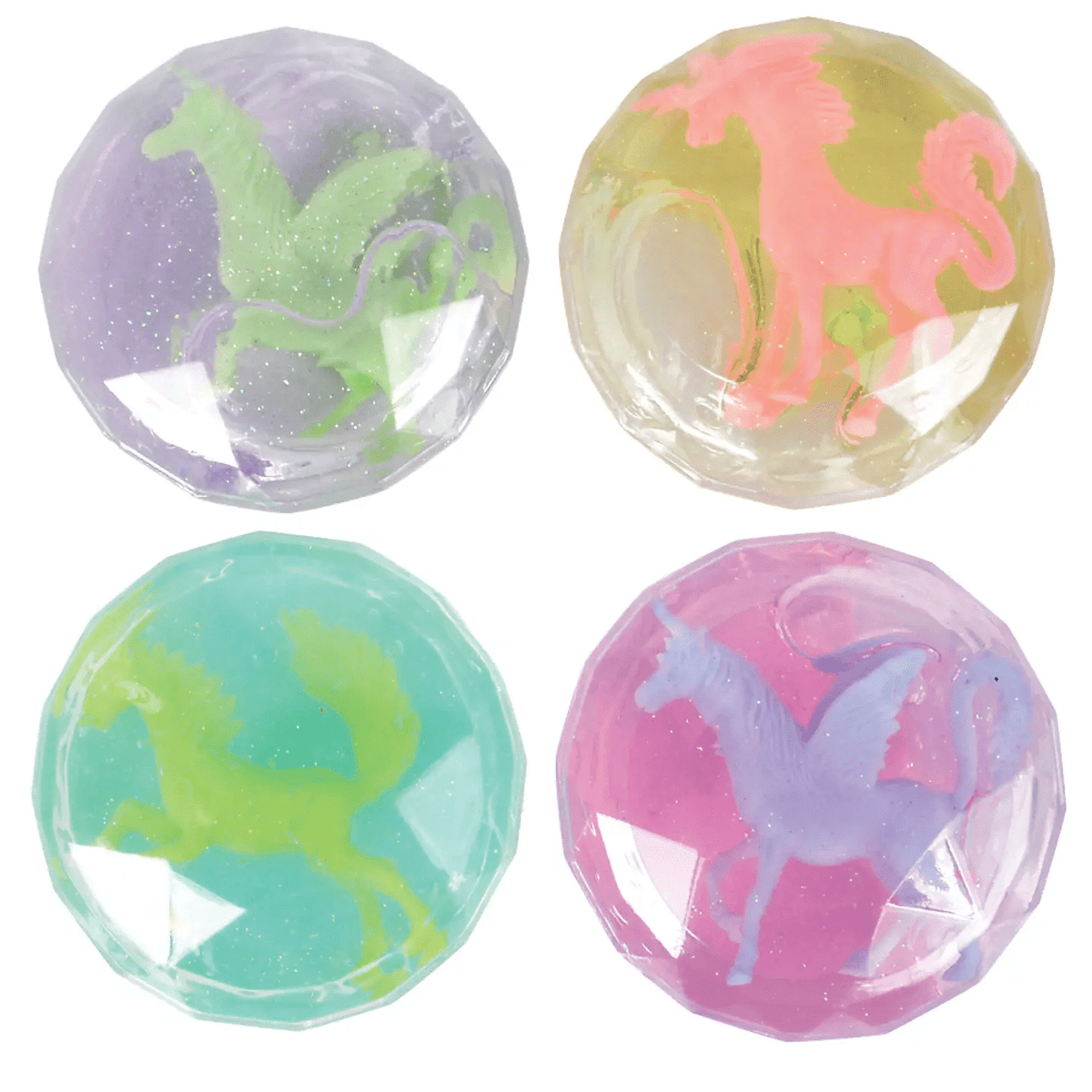 Four containers of glitter putty in purple, yellow, green and pink with unicorns inside