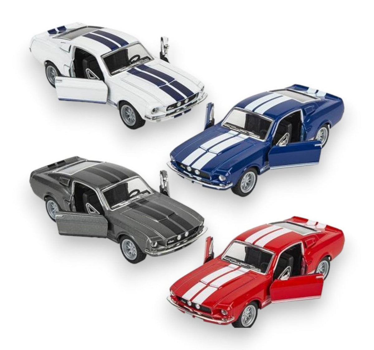 Diecast 1967 Shelby GT500 cars in white, blue, gray and red with racing stripes