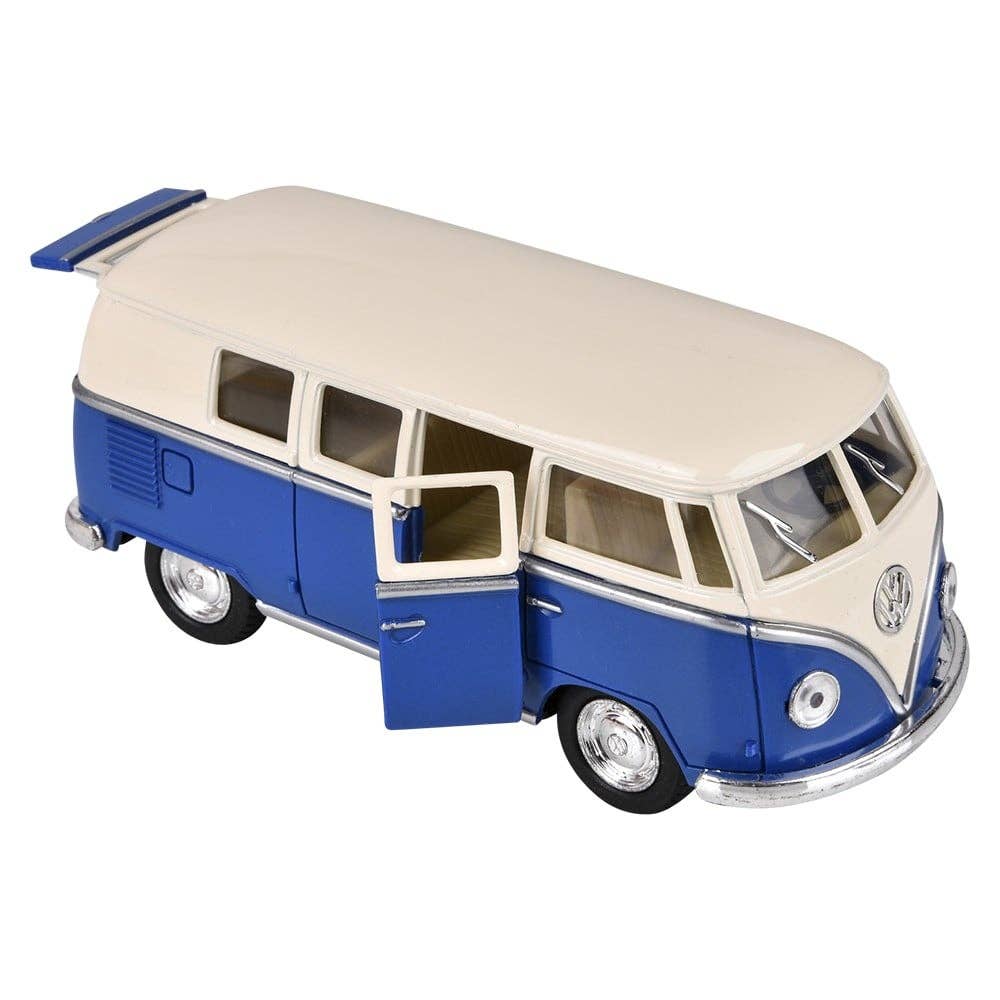 Blue diecast classic bus with its doors open