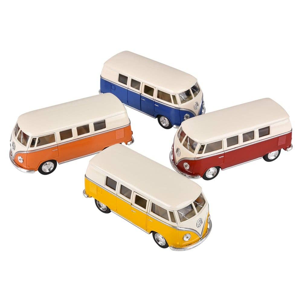 Diecast classic buses in blue, orange, red and yellow with cream roofs