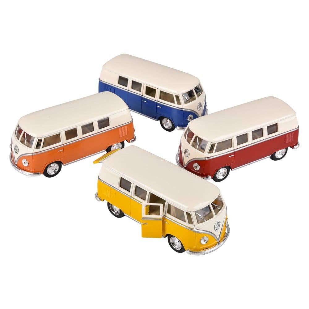 Four diecast classic buses, one with its doors open
