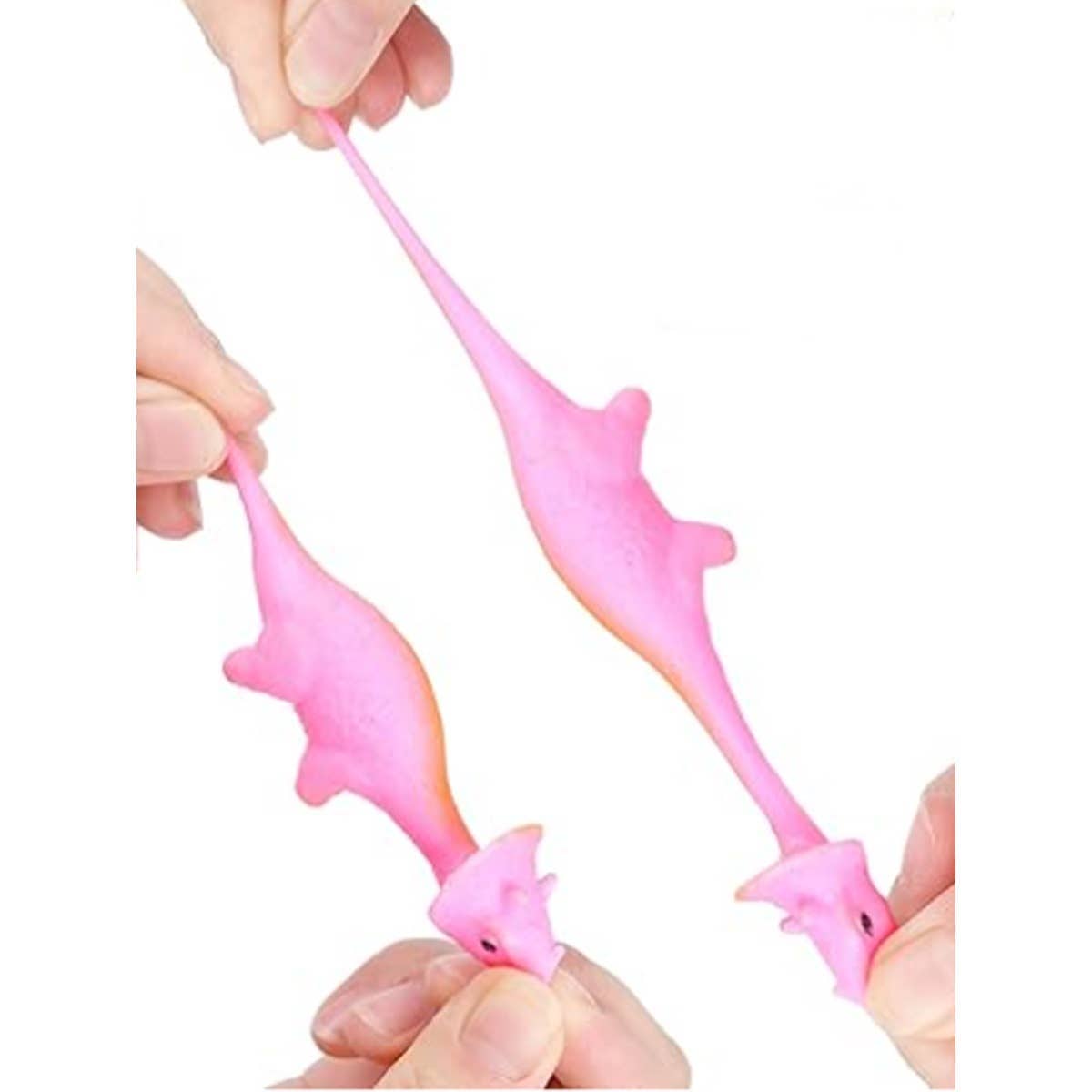 Pink stretchy dinosaur stretched between two hands