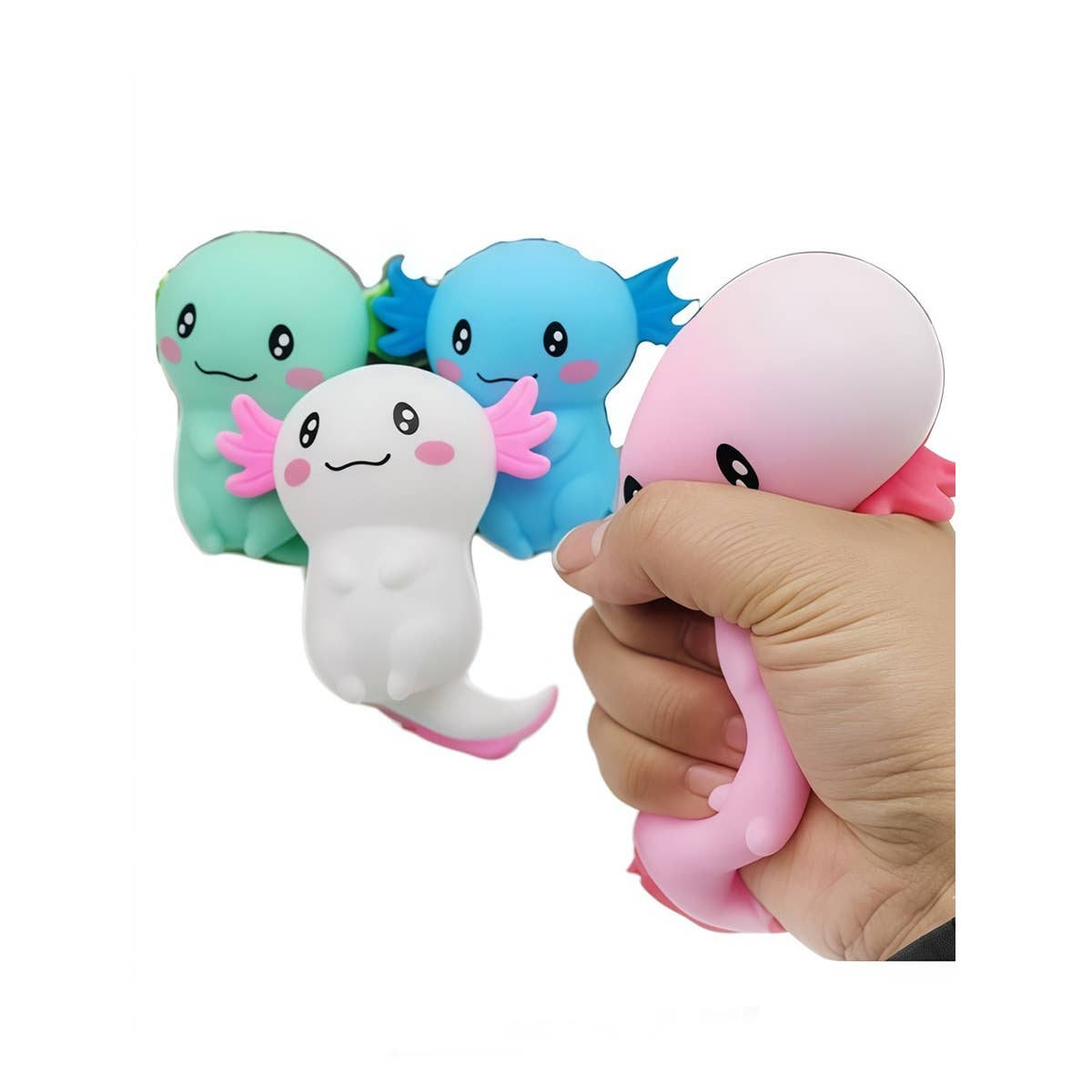 Squishy axolotls in several colors, one being squeezed