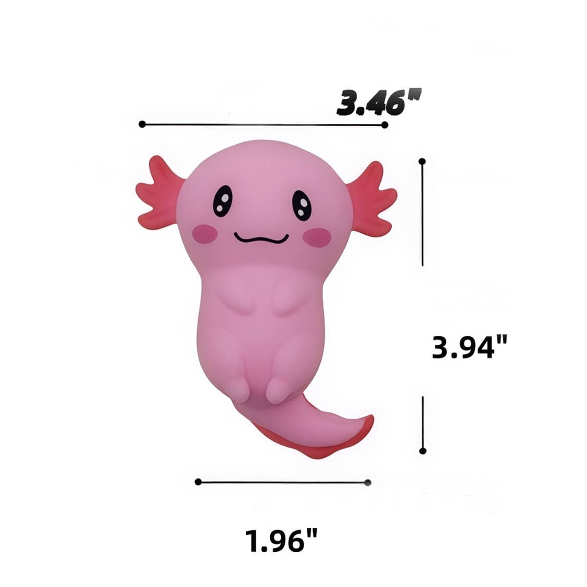 Pink squishy axolotl measuring about 3.9 inches tall